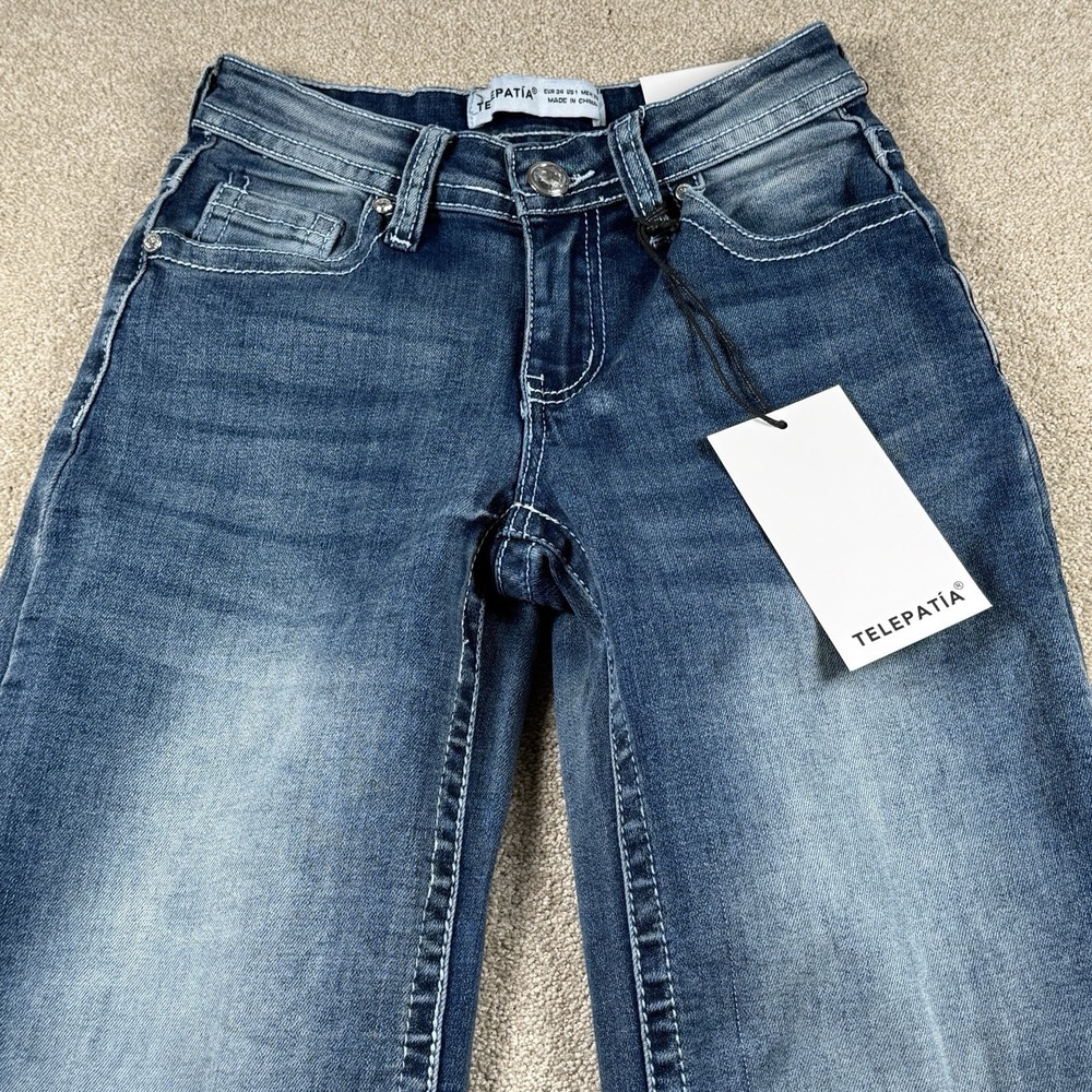 Telepatia Juniors 1/25 Mid Rise Wide Leg Jeans Rhinestone Embroider Pockets - Picture 3 of 10